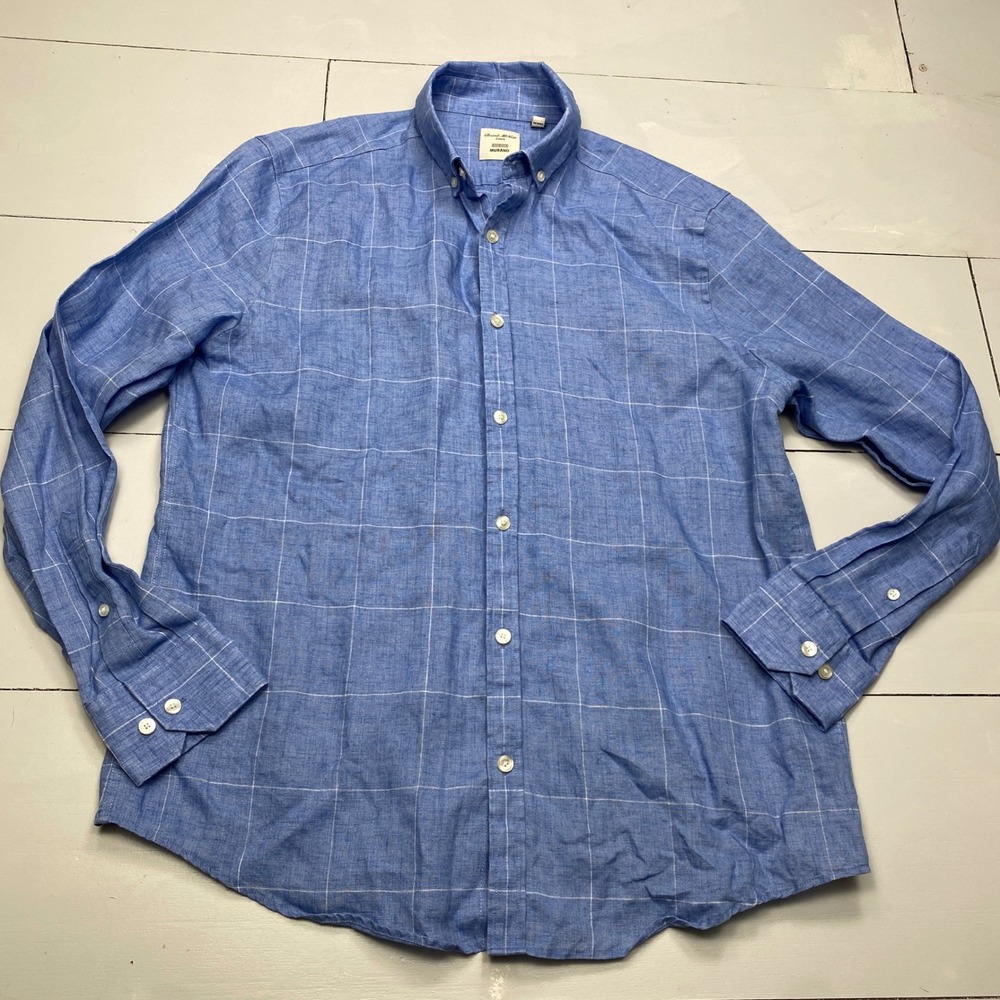 Murano Baird McNutt Linen Shirt Mens M Blue Windowpane Non-Iron Long Sleeve